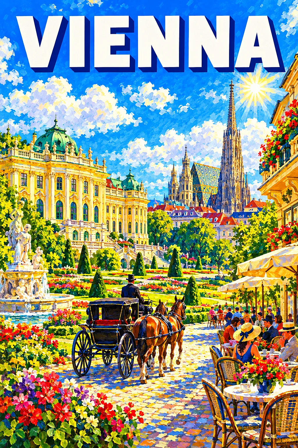 Impressionist diamond painting of a baroque palace garden with a horse-drawn carriage, a coffeehouse, and a tall gothic cathedral spire under a blue s