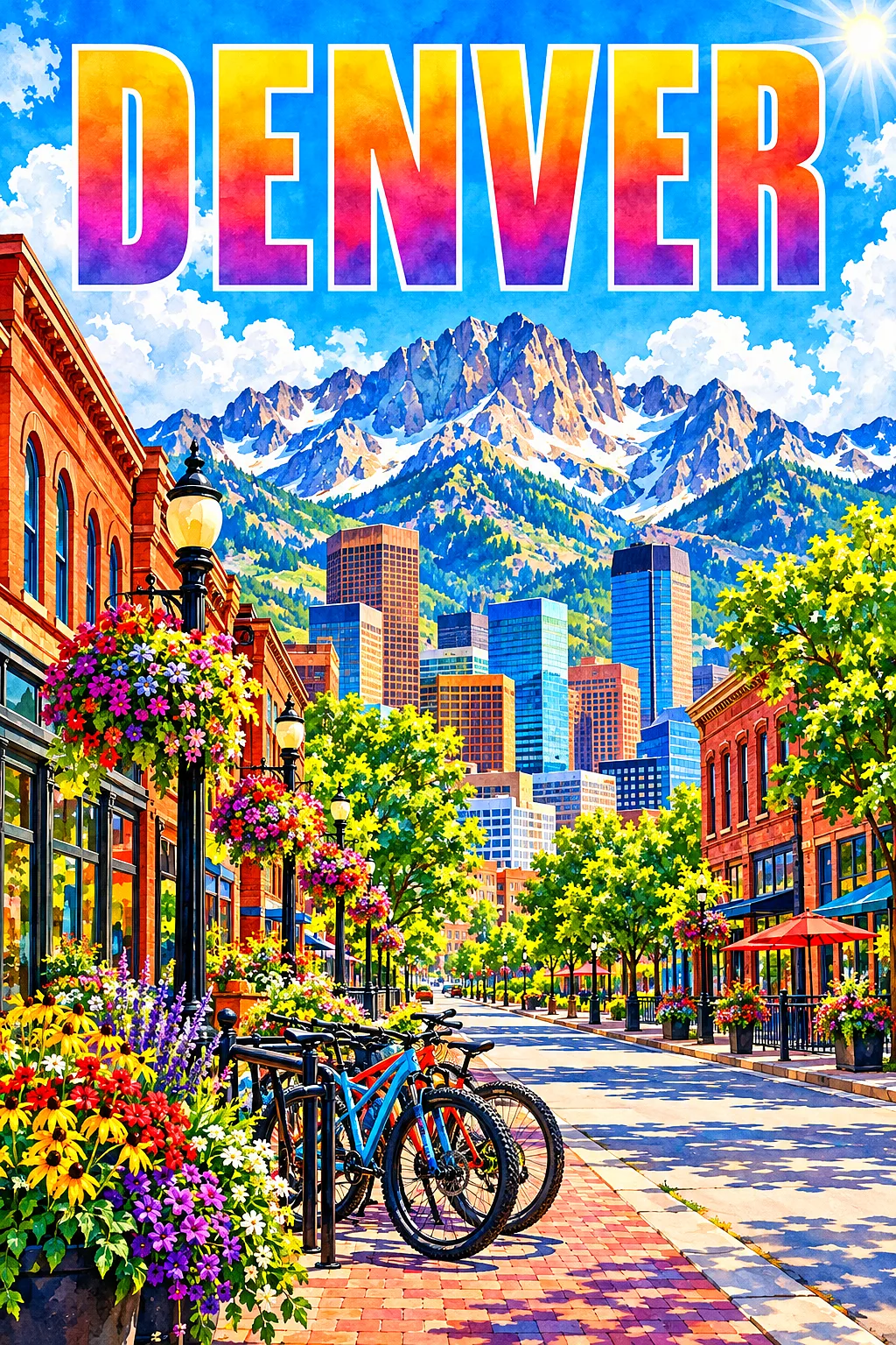 Portrait diamond painting kit depicting a bright, sunny Denver street with red brick buildings, mountain bikes, flower baskets, and the Rocky Mountain