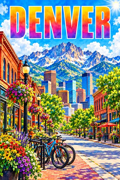 Portrait diamond painting kit depicting a bright, sunny Denver street with red brick buildings, mountain bikes, flower baskets, and the Rocky Mountain