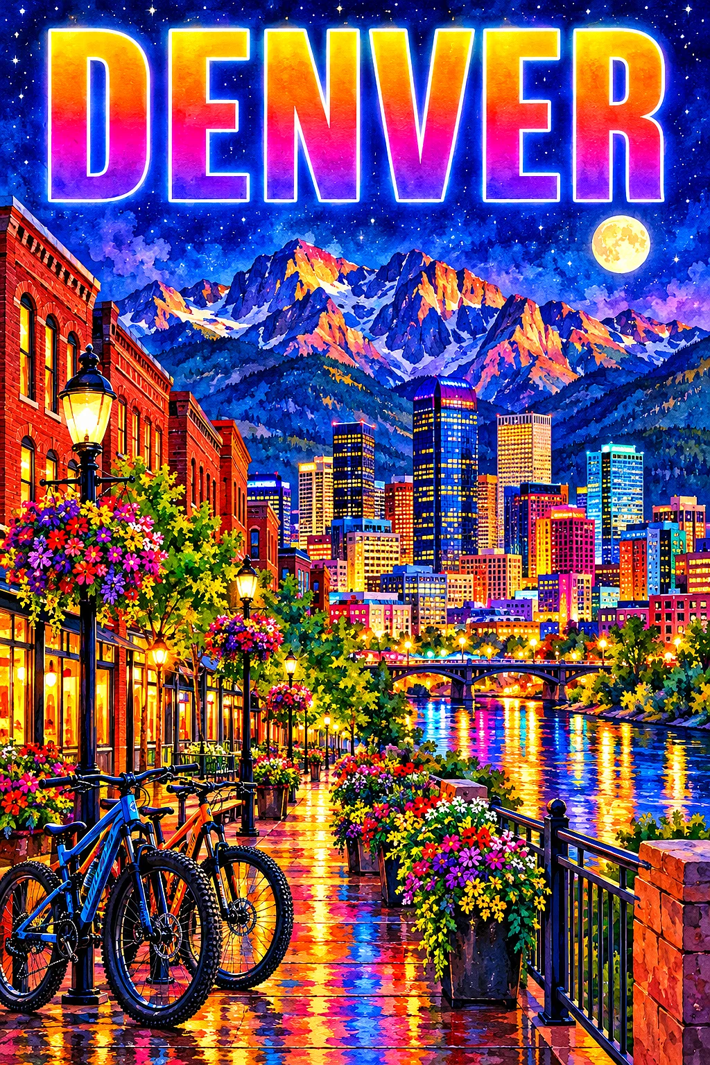 Portrait diamond painting of a vibrant Denver city street at night, with red brick buildings, glowing windows, colorful city lights, bicycles, flower