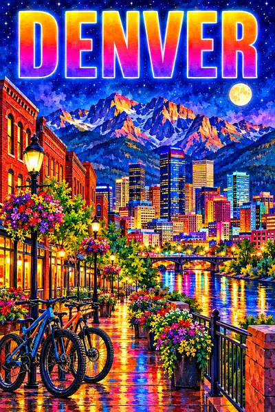 Portrait diamond painting of a vibrant Denver city street at night, with red brick buildings, glowing windows, colorful city lights, bicycles, flower