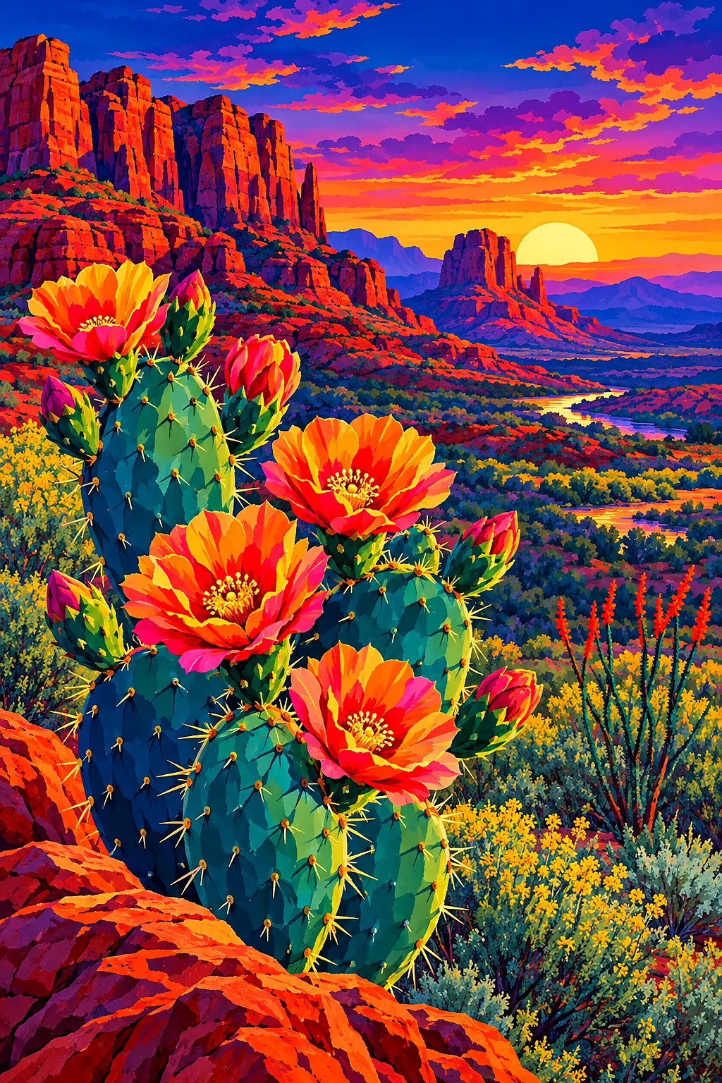 Portrait diamond painting of a blooming cactus in a red rock desert at twilight with a jewel-toned sky, in a retro vintage travel poster style.