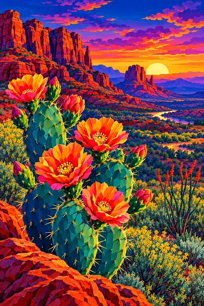 Portrait diamond painting of a blooming cactus in a red rock desert at twilight with a jewel-toned sky, in a retro vintage travel poster style.