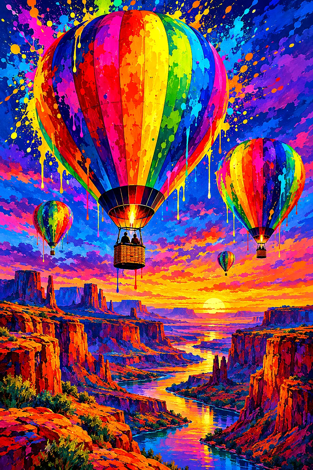 Portrait diamond painting of hot air balloons over a desert canyon at twilight, painted in a high-energy acrylic style with rainbow paint splashes and