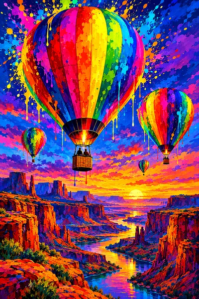 Portrait diamond painting of hot air balloons over a desert canyon at twilight, painted in a high-energy acrylic style with rainbow paint splashes and