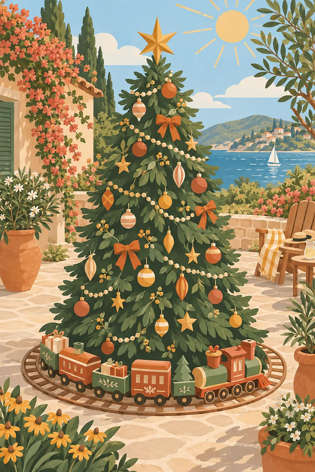 Modern boho illustration diamond painting of a Christmas train circling a festive tree on a bright summer day, with terracotta, sage, mustard, and san