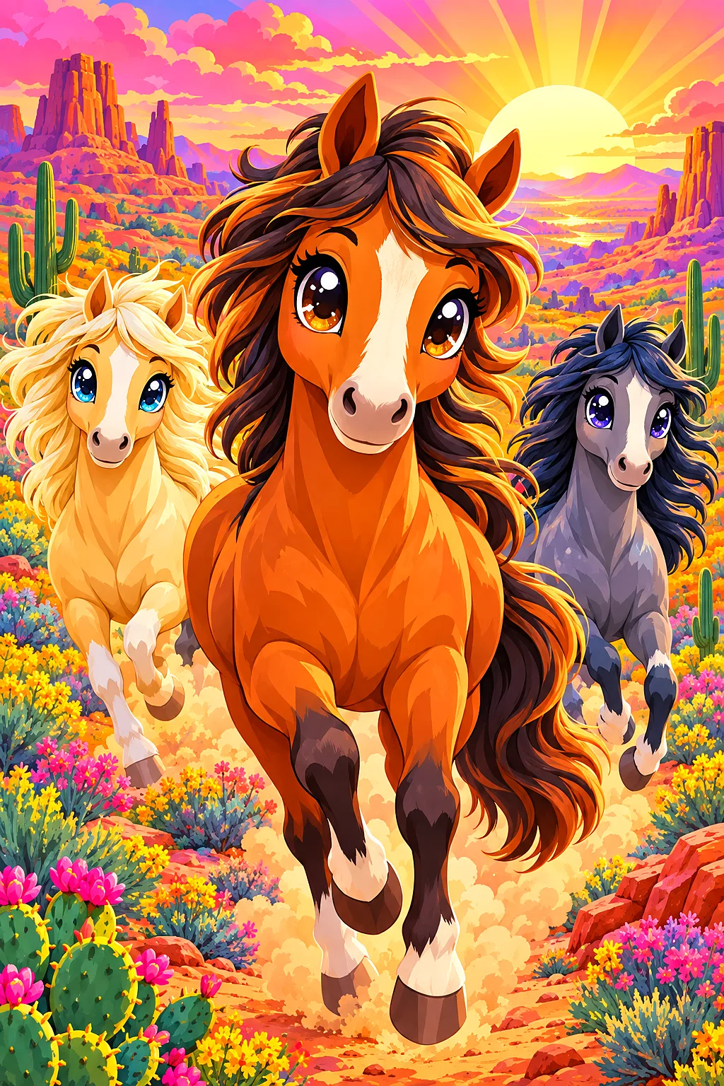 Kawaii style illustration of wild mustangs running across a desert at sunrise, with big sparkling eyes and rounded shapes, in pink, orange, and gold c