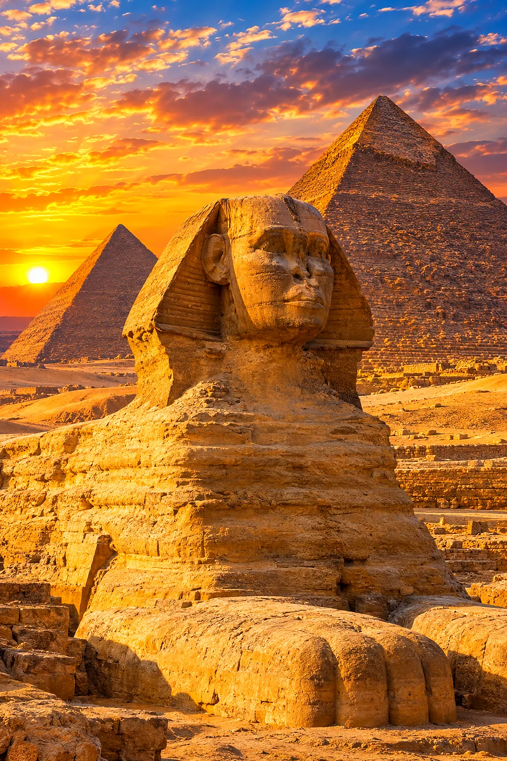 A hyper-detailed, photorealistic portrait diamond painting depicting a majestic stone sphinx before three towering pyramids at golden hour, with warm,