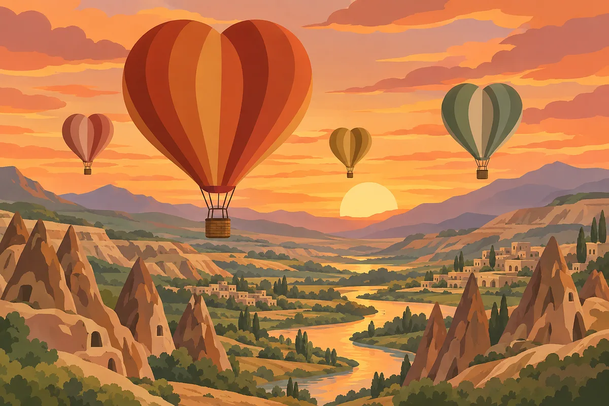 Modern boho diamond painting kit with heart-shaped hot air balloons over a valley at sunset in terracotta, sage, mustard, and sand colors.