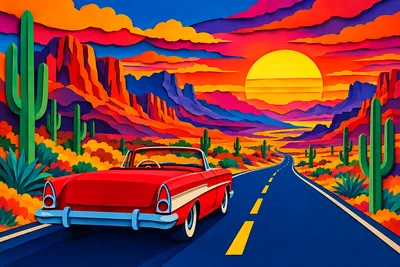 Diamond painting kit depicting a wide, scenic desert highway at sunset in a layered papercut art style with deep shadows and bright colors.