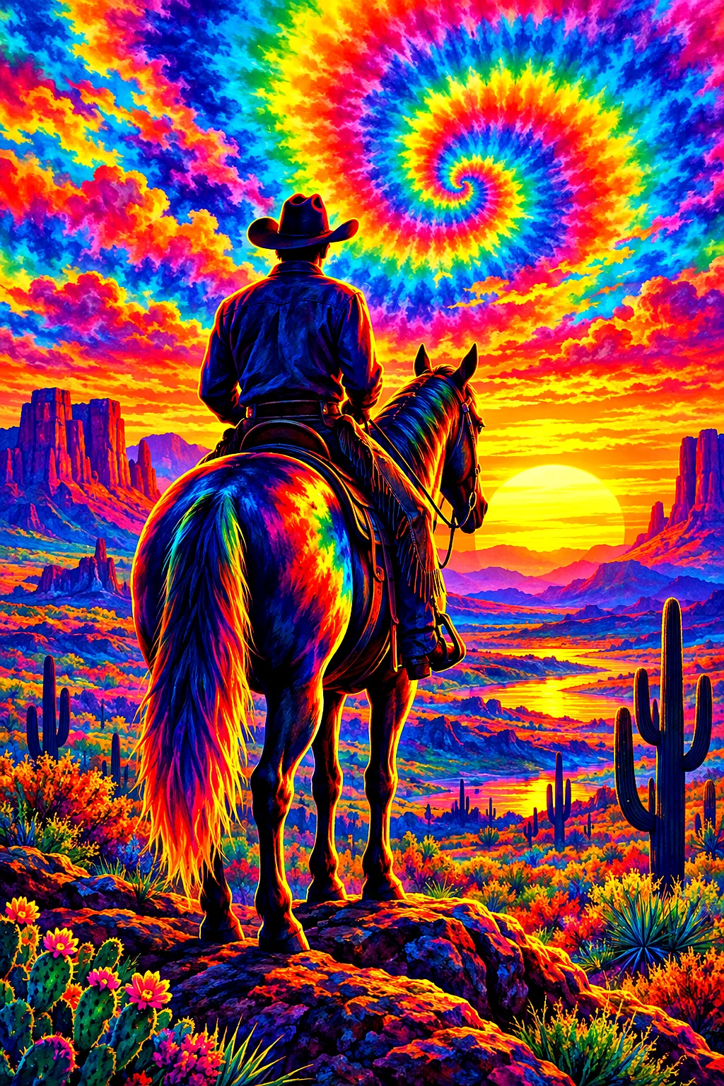 Portrait diamond painting of a cowboy on horseback silhouetted against a psychedelic tie-dye swirl desert sunset with glowing rainbow gradients and dr