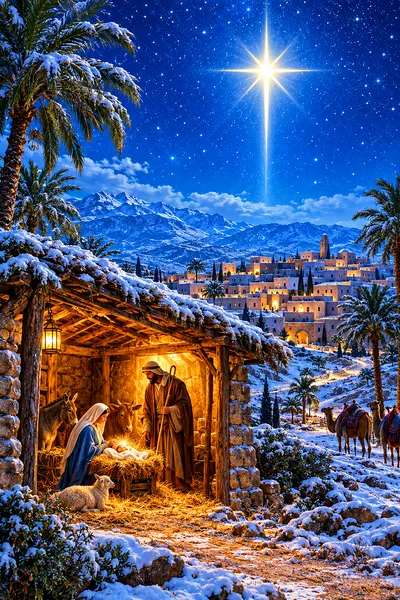 A hyper-detailed photorealistic diamond painting of a nativity star shining brightly over a quiet desert town, with soft light illuminating the struct