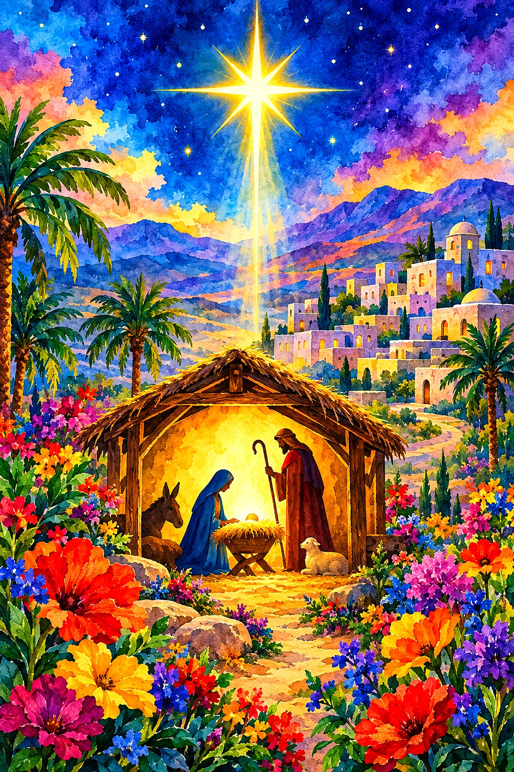 A portrait diamond painting depicting a luminous watercolor scene of a star over a quiet desert town, surrounded by colorful flowers.