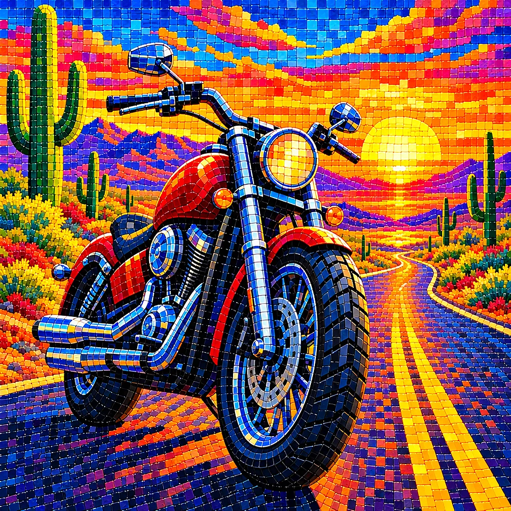 Close-up square diamond painting of a motorcycle on a desert highway at sunset, rendered in a glossy ceramic mosaic tile style with tiny vivid drills,