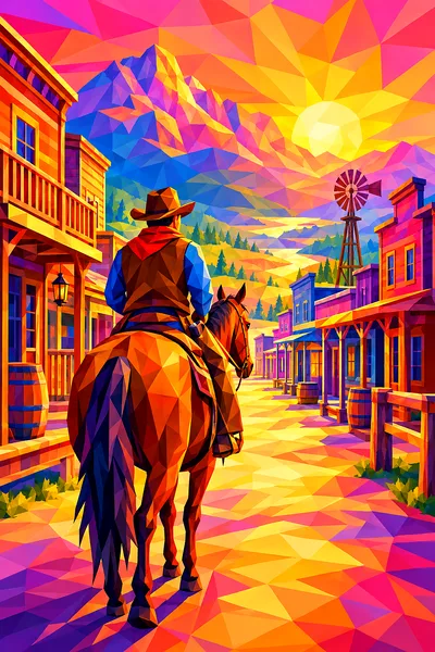 Portrait diamond painting kit showing a faceted low-poly old western town main street at sunrise with pink, orange, and gold colors.