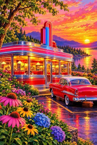 A completed diamond painting kit showing a classic American roadside diner at dusk, with neon lights just turning on, bathed in warm pink, orange, and