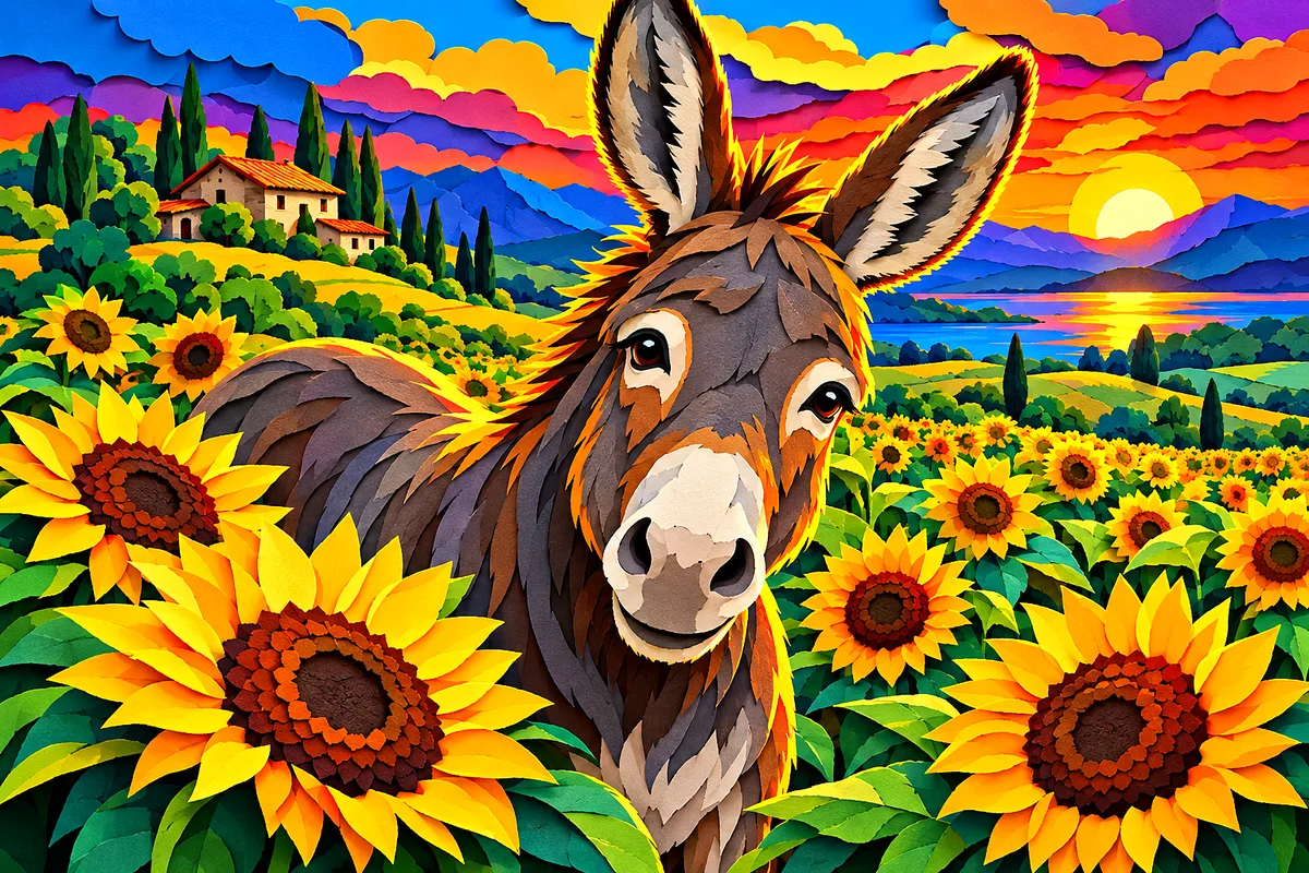 Layered papercut style diamond painting of a donkey standing in a field of yellow sunflowers with dramatic rim lighting and deep shadows