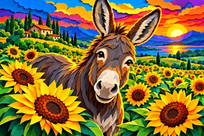 Layered papercut style diamond painting of a donkey standing in a field of yellow sunflowers with dramatic rim lighting and deep shadows