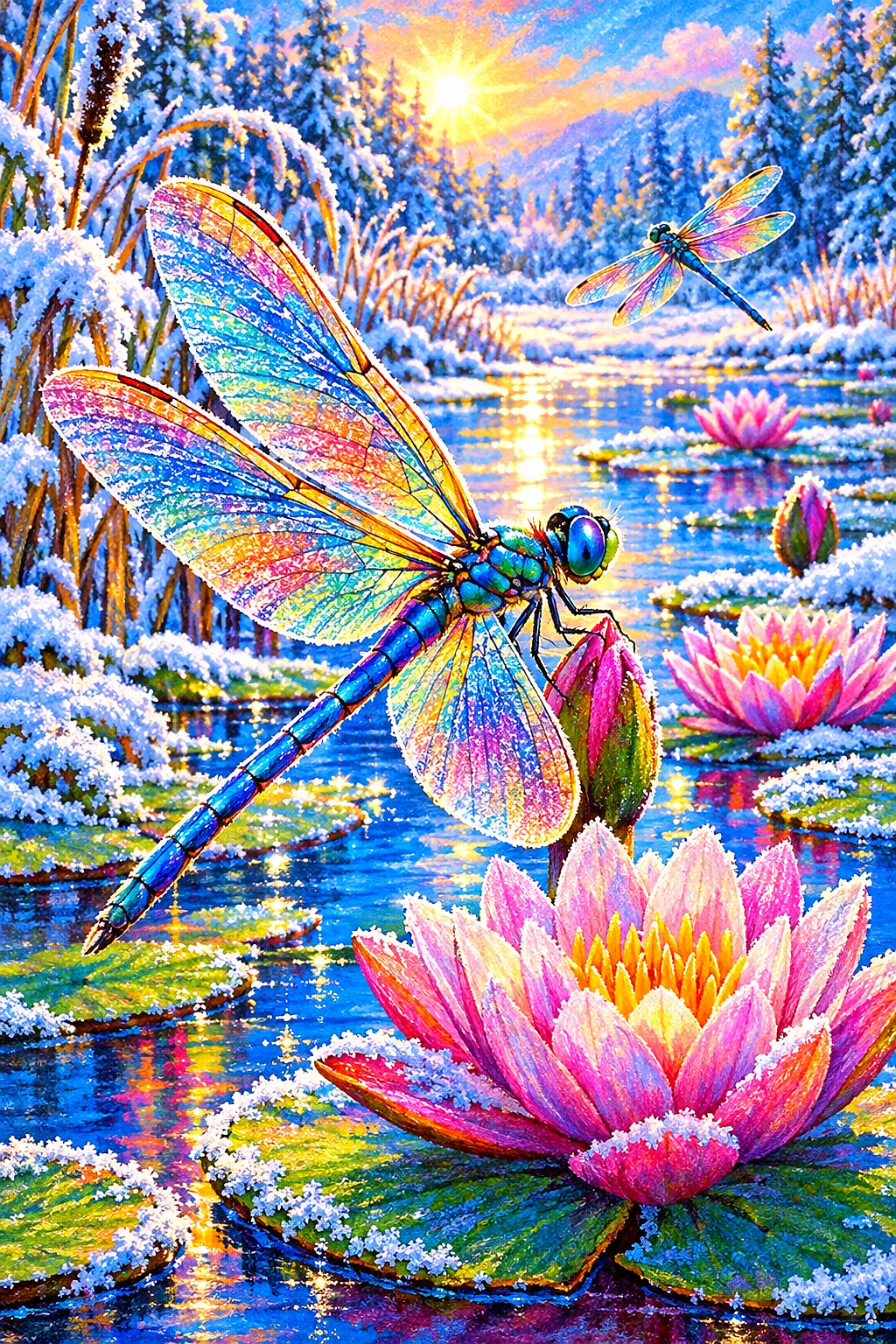 Vibrant soft pastel chalk drawing of dragonflies with iridescent wings hovering above lily pads on a sparkling winter pond, in a portrait orientation.