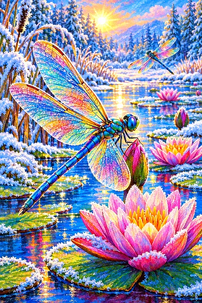 Vibrant soft pastel chalk drawing of dragonflies with iridescent wings hovering above lily pads on a sparkling winter pond, in a portrait orientation.