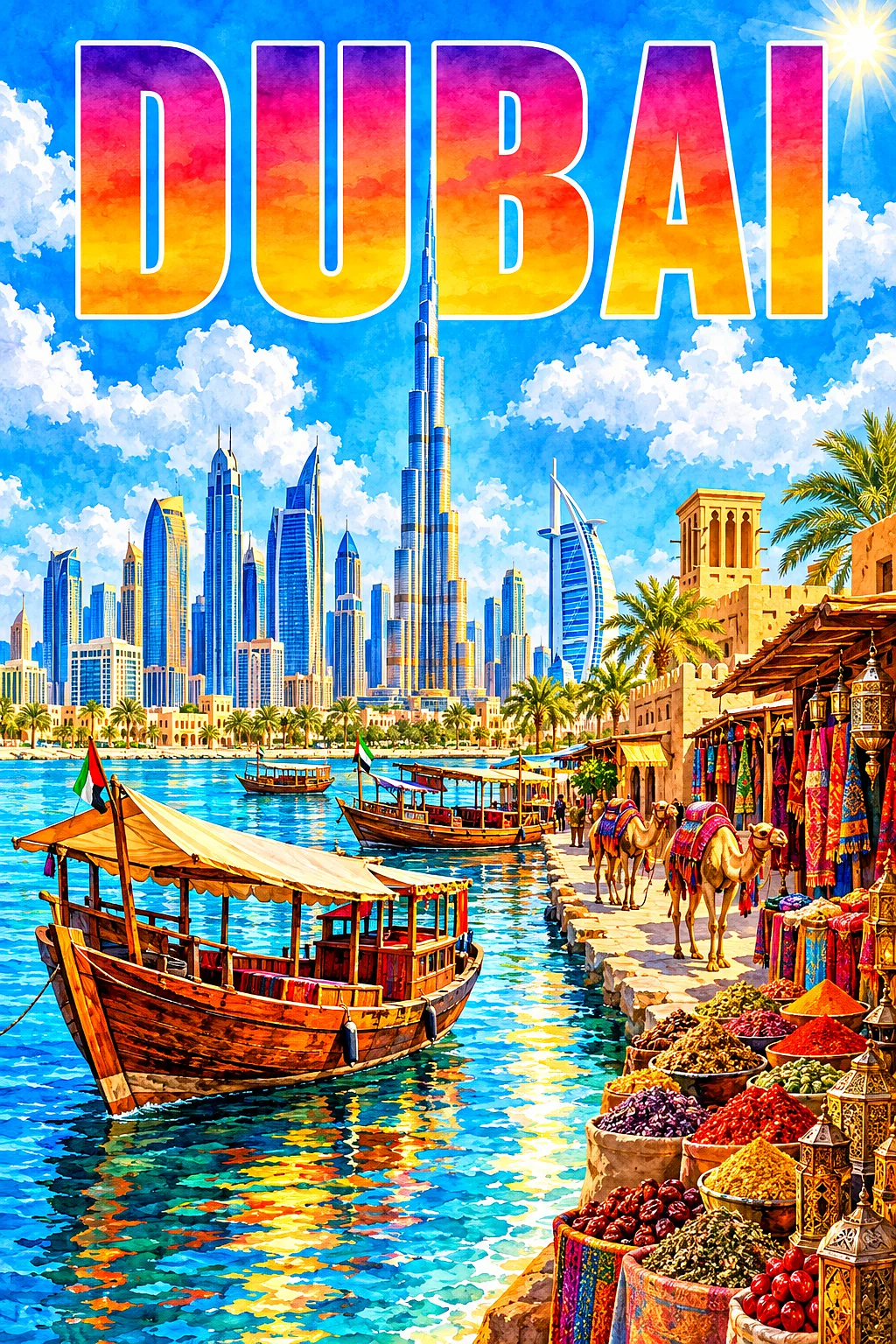 Portrait diamond painting canvas depicting Dubai's creek with dhow boats, a spice souk, and camels, under a blue sky with white clouds, with a modern