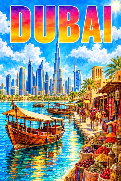 Portrait diamond painting canvas depicting Dubai's creek with dhow boats, a spice souk, and camels, under a blue sky with white clouds, with a modern