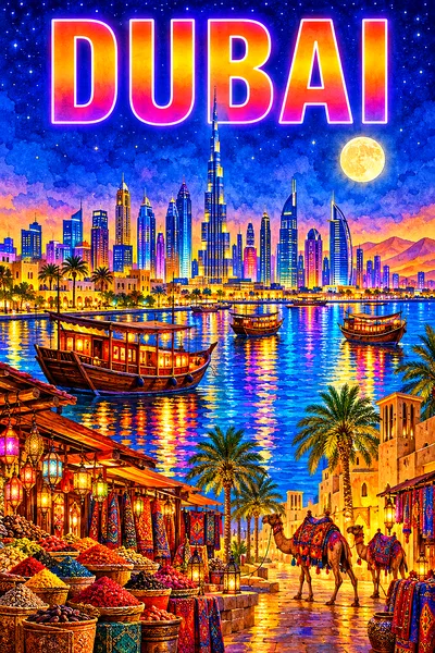 Portrait diamond painting of a desert city at night, with a creek of wooden boats, a modern skyline, and a starry indigo sky.