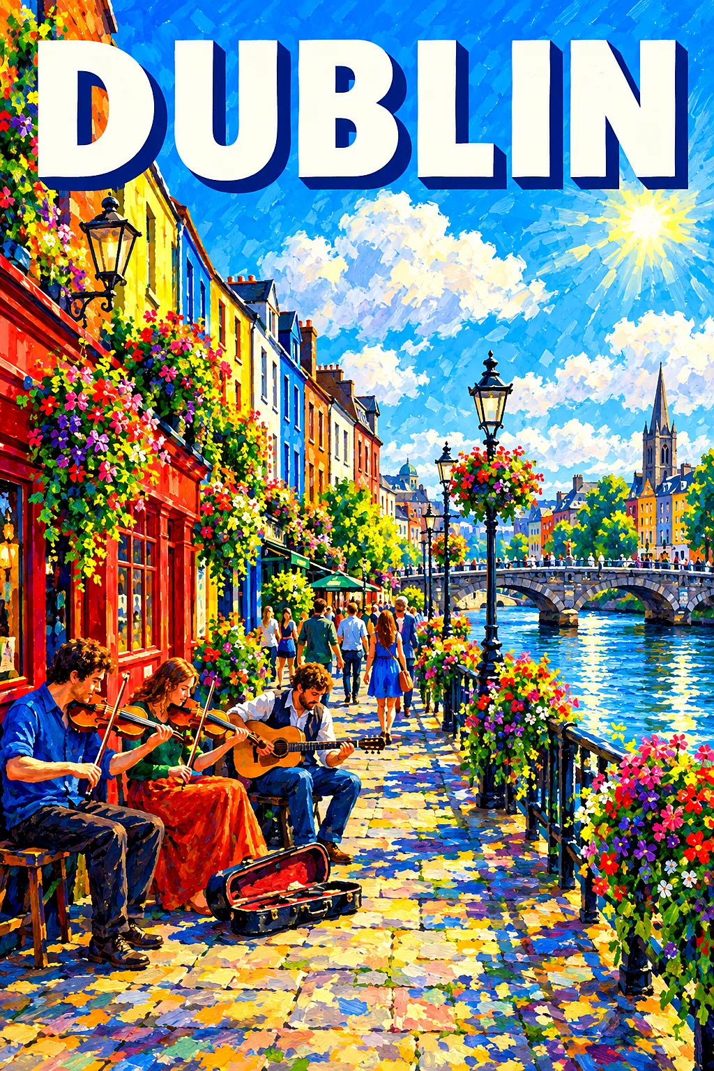 Impressionist diamond painting kit of a sunny Dublin street with colorful pubs, flower baskets, a river bridge, and a blue sky.