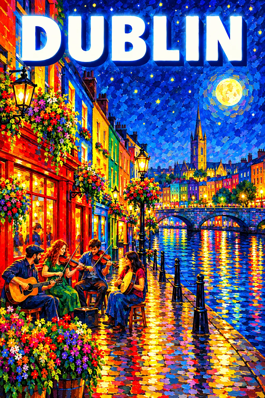 Portrait diamond painting of a lively Dublin street at night with glowing windows, colorful lights, a river, and a starry indigo sky.