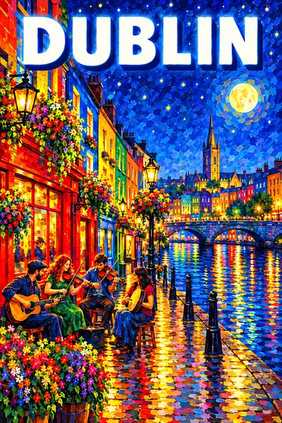 Portrait diamond painting of a lively Dublin street at night with glowing windows, colorful lights, a river, and a starry indigo sky.