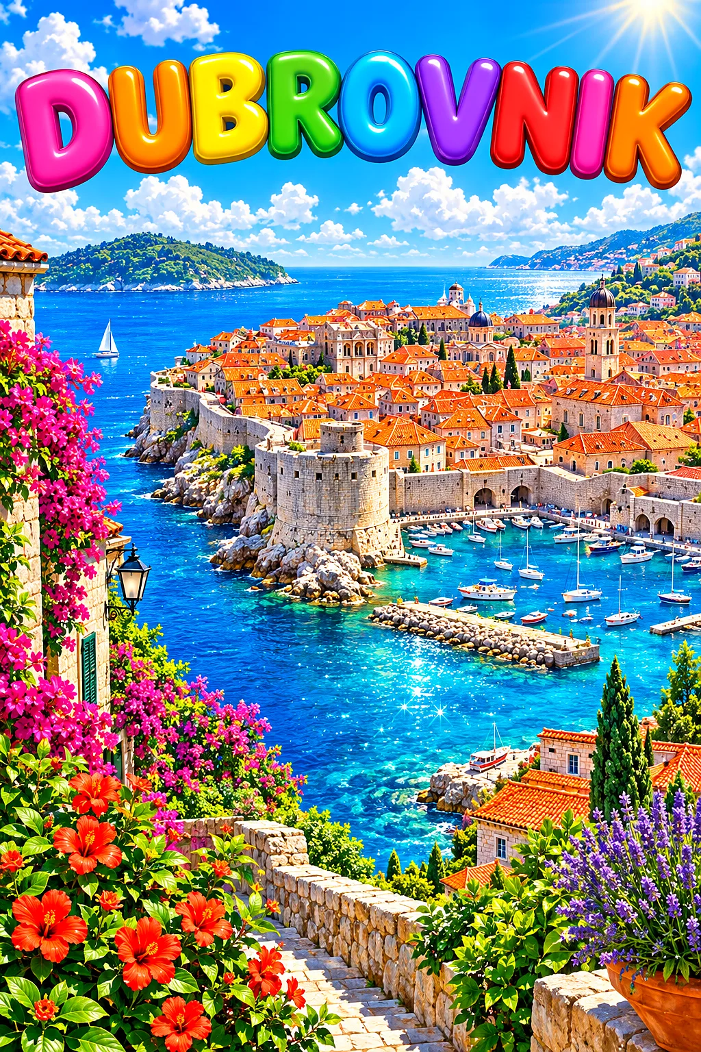 Whimsical illustration of a coastal walled city with terracotta roofs and stone towers under a bright blue sky with fluffy white clouds, sparkling sun