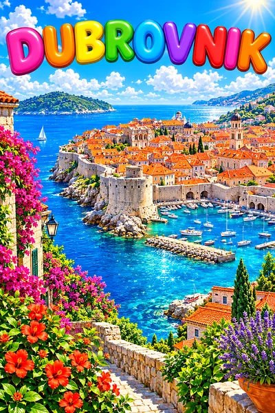 Whimsical illustration of a coastal walled city with terracotta roofs and stone towers under a bright blue sky with fluffy white clouds, sparkling sun