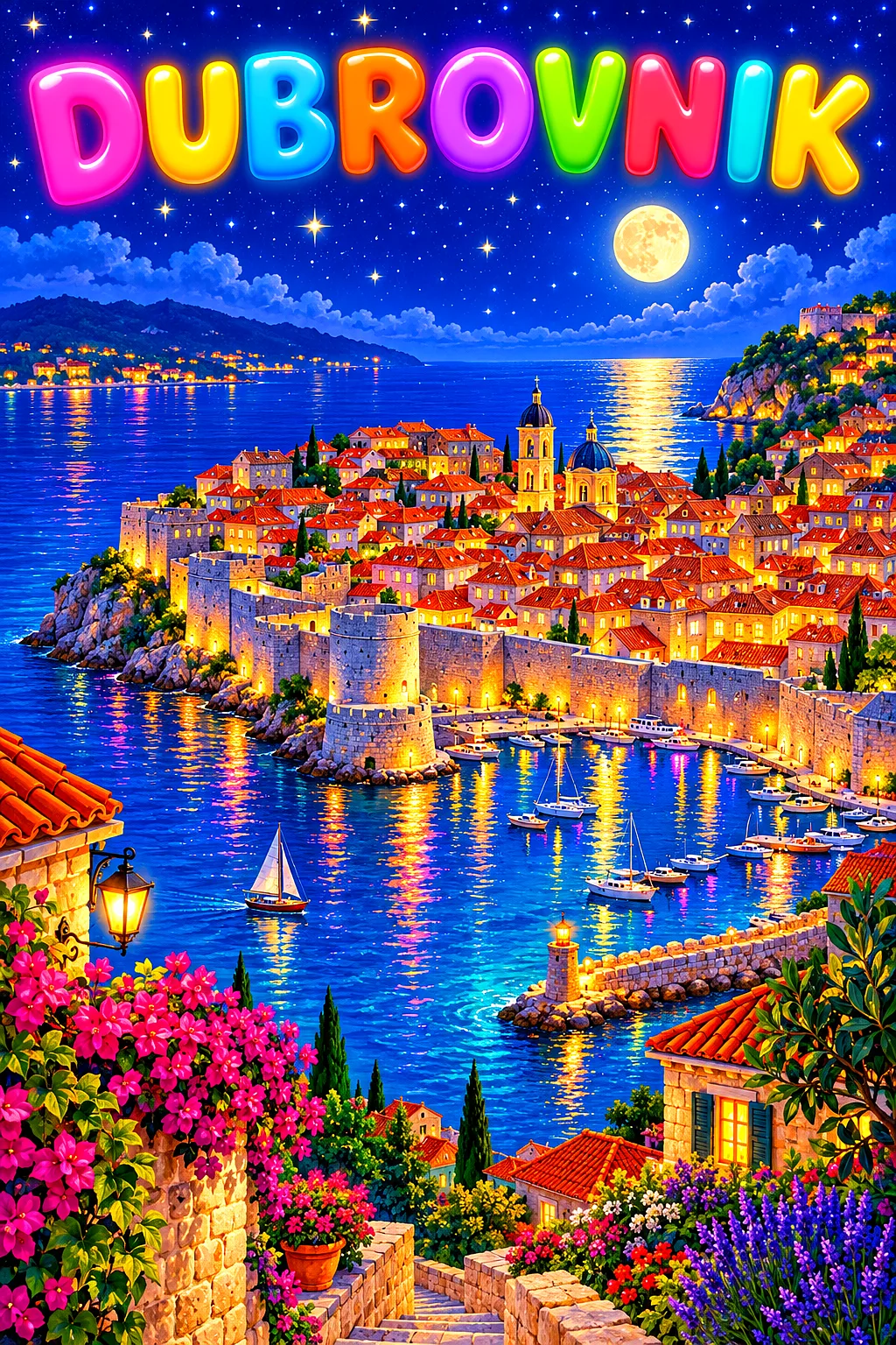 Whimsical diamond painting of a walled old town in Croatia at night, with glowing windows, colorful city lights, and reflections on the water under a