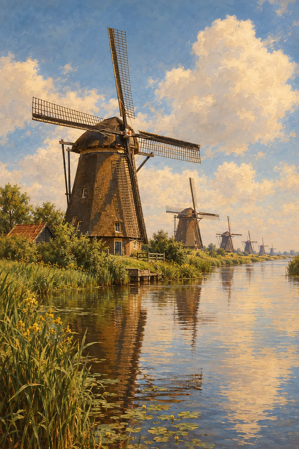 A completed diamond painting featuring classical old-world oil painting style of Dutch windmills along a canal on a bright sunny summer day, with a wa