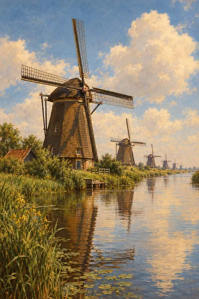 A completed diamond painting featuring classical old-world oil painting style of Dutch windmills along a canal on a bright sunny summer day, with a wa