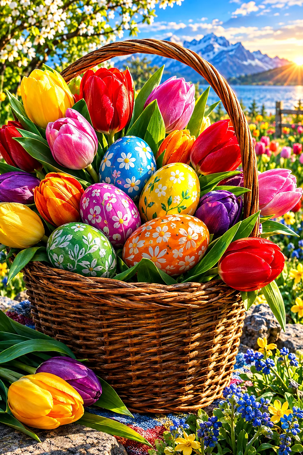Hyper-detailed photorealistic diamond painting depicting a woven basket filled with colorful Easter eggs, nestled amongst bright red, yellow, and pink