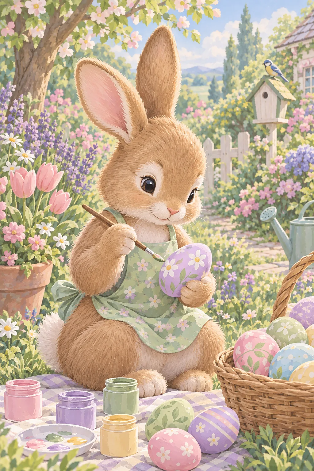 Portrait diamond painting of an Easter bunny painting eggs in a sunny garden with powder pink, sage green, lavender, and cream colors.