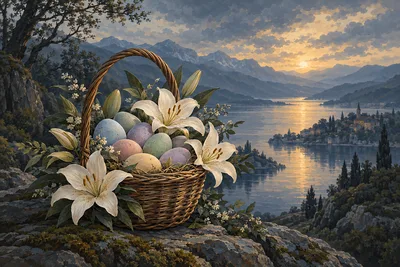 Diamond painting kit showing a wide, scenic landscape composition with a woven basket of pastel-colored eggs nestled among white lilies, all bathed in