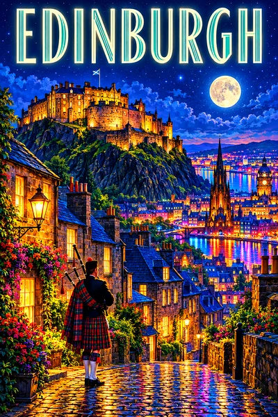 Edinburgh by night Scotland: a medieval castle on a volcanic rock above a cobbled mile of stone houses and a bagpiper, at nig