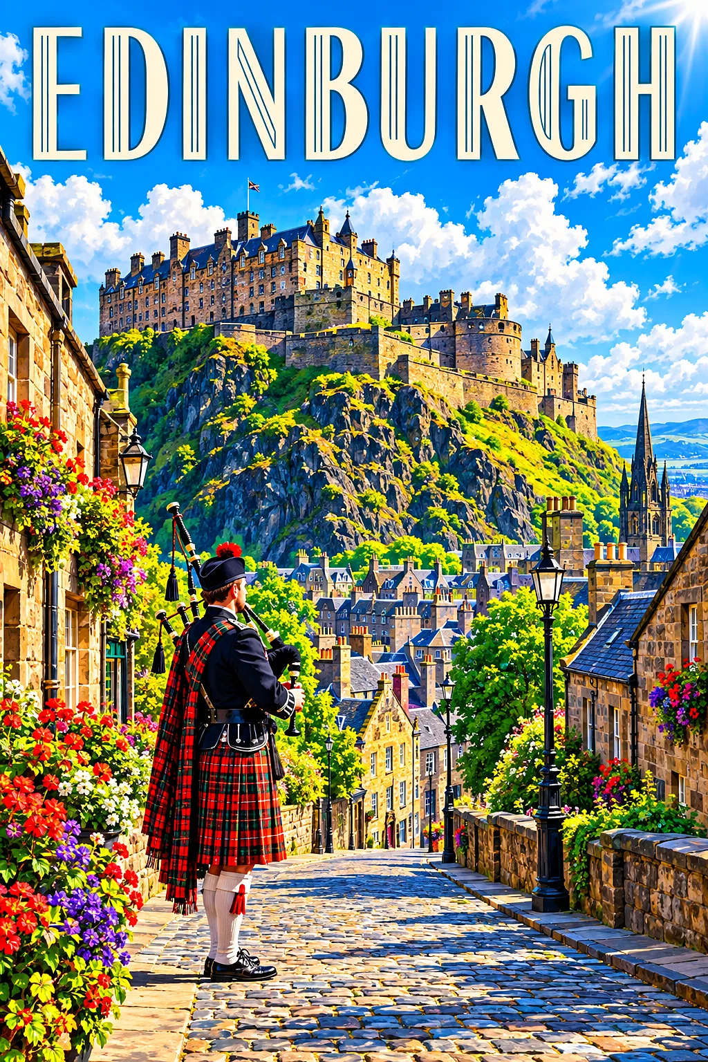 A vibrant diamond painting kit depicting Edinburgh Castle on a volcanic rock, a cobbled street with a bagpiper, under a vivid blue sky with fluffy whi