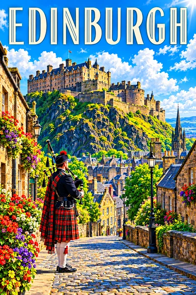 A vibrant diamond painting kit depicting Edinburgh Castle on a volcanic rock, a cobbled street with a bagpiper, under a vivid blue sky with fluffy whi