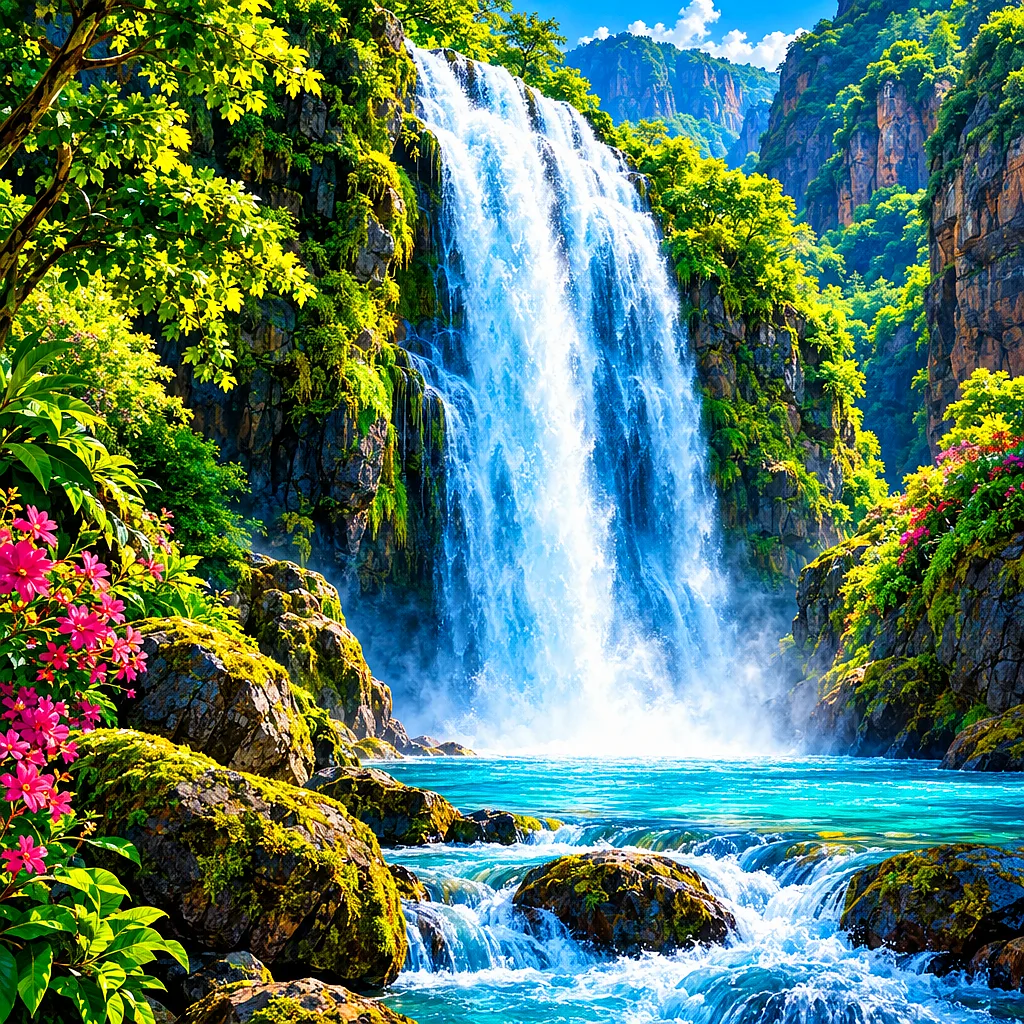 Close-up square diamond painting of a vibrant waterfall cascading into a pool in a lush green canyon with glowing light.
