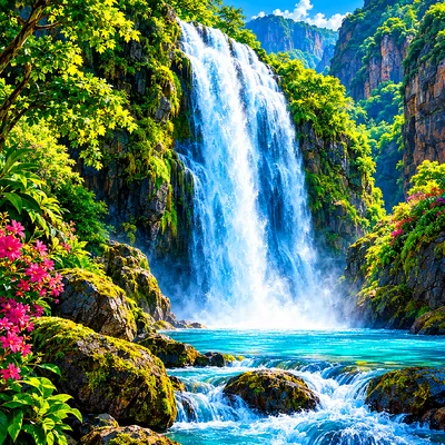 Close-up square diamond painting of a vibrant waterfall cascading into a pool in a lush green canyon with glowing light.