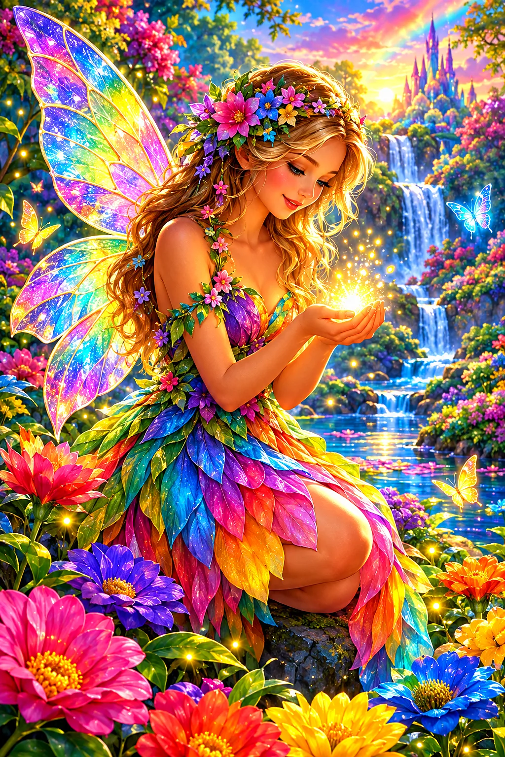 Dreamy fantasy illustration in portrait orientation showing a glowing fairy with iridescent wings surrounded by a vibrant rainbow-colored flower garde