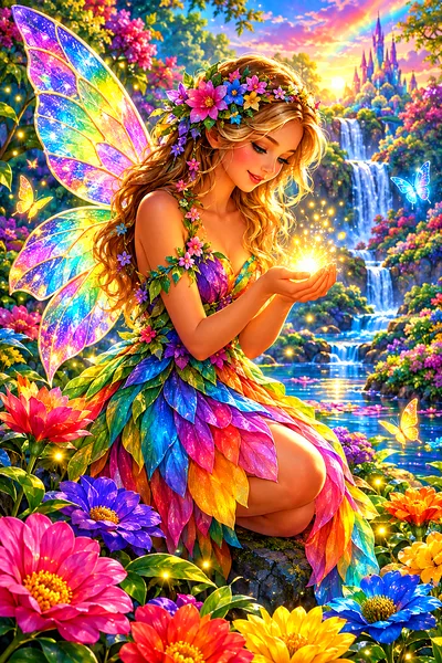 Dreamy fantasy illustration in portrait orientation showing a glowing fairy with iridescent wings surrounded by a vibrant rainbow-colored flower garde