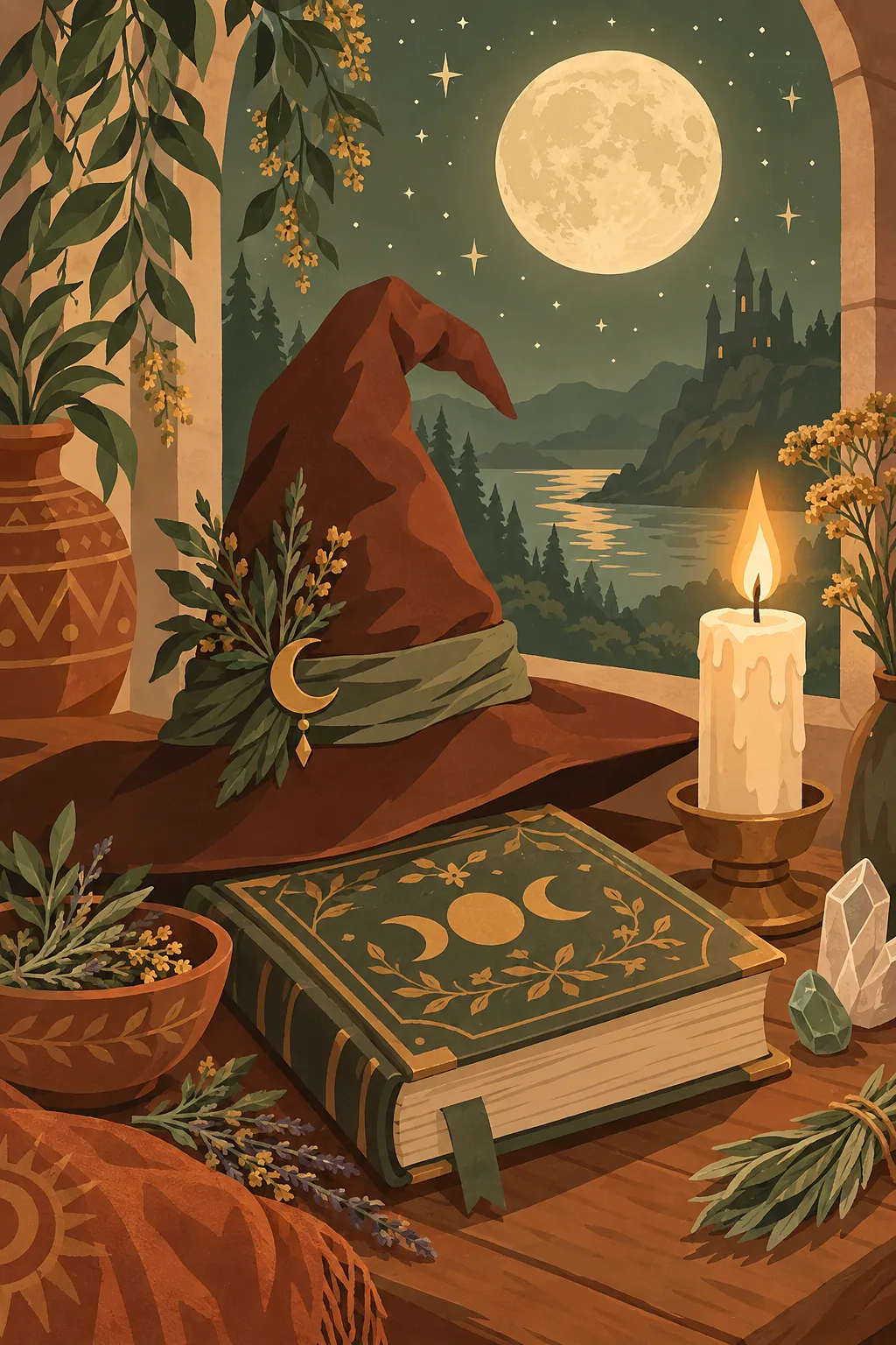 Portrait diamond painting canvas showing a witch hat and an open spell book illuminated by moonlight and stars, rendered in terracotta, sage, mustard,