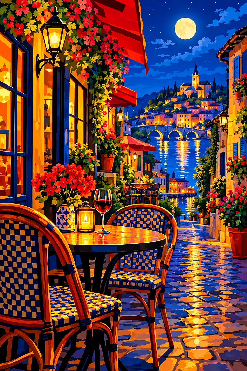 Vintage-style illustration of a European street cafe at night with bold shapes, saturated colors, and dramatic rim lighting.