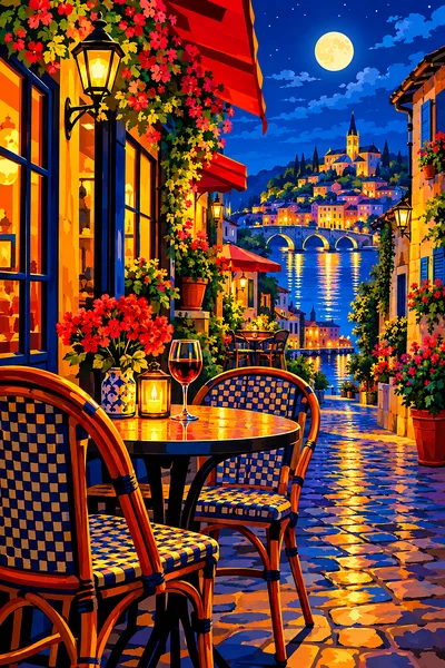 Vintage-style illustration of a European street cafe at night with bold shapes, saturated colors, and dramatic rim lighting.
