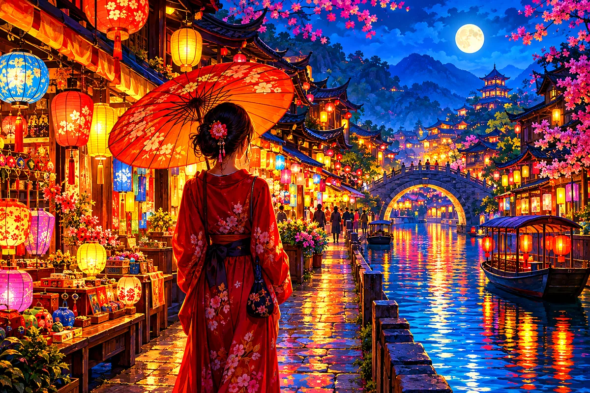 Wide landscape diamond painting depicting a bustling lantern-lit night market street at dusk, with glowing lanterns, colorful stalls, and a cinematic,