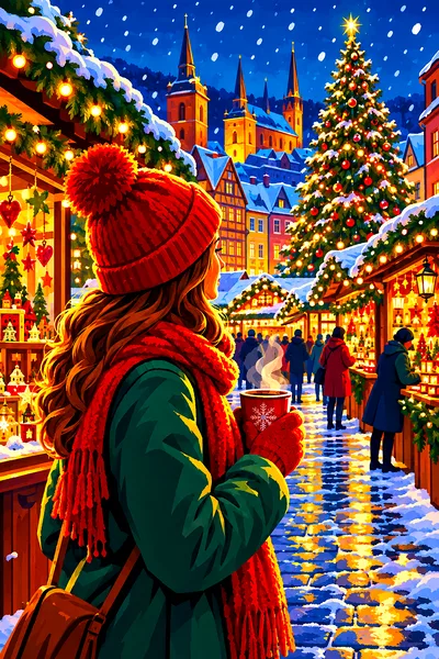 A vintage-style illustration of a bustling Christmas market at night, with snow falling and warm lights glowing from stalls and lanterns, casting dram